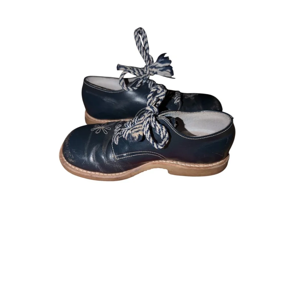 Vintage Navy‎ Blue Leather Floral Embroidered Oxford Shoes Kids Size 8 D 142089